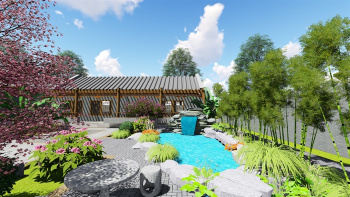 中式四合院庭院花园景观设计su模型(4)