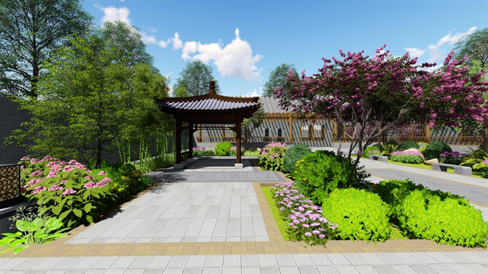 中式四合院庭院花园景观设计su模型(8)