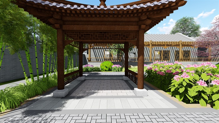 中式四合院庭院花园景观设计su模型(9)