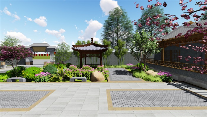 中式四合院庭院花园景观设计su模型(12)