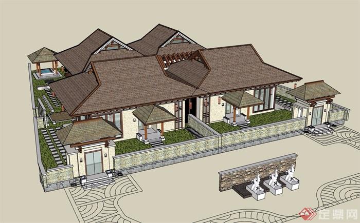 东南亚风格详细的双拼住宅别墅设计su模型