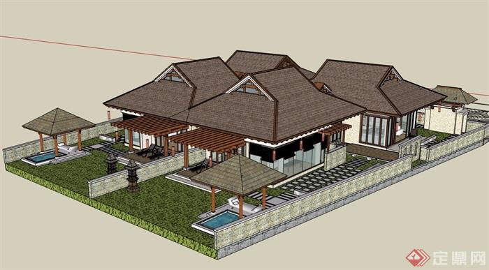 东南亚风格详细的双拼住宅别墅设计su模型