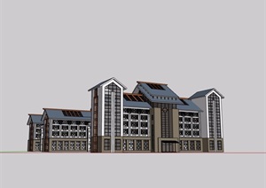 中式风格详细的完整图书馆建筑设计SU(草图大师)模型