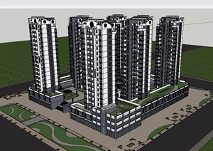 新中式商业住宅小区建筑楼设计SU(草图大师)模型