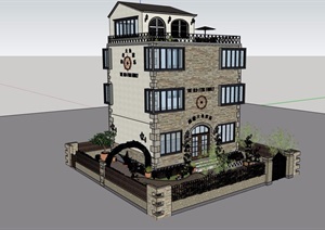 欧式风格详细的多层私人别墅设计SU(草图大师)模型含庭院