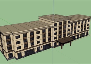 现代风格详细的四层宾馆建筑楼设计SU(草图大师)模型