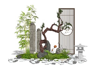 新中式景观小品 隔断 假山石头 景观树 草坪组合SU(草图大师)模型