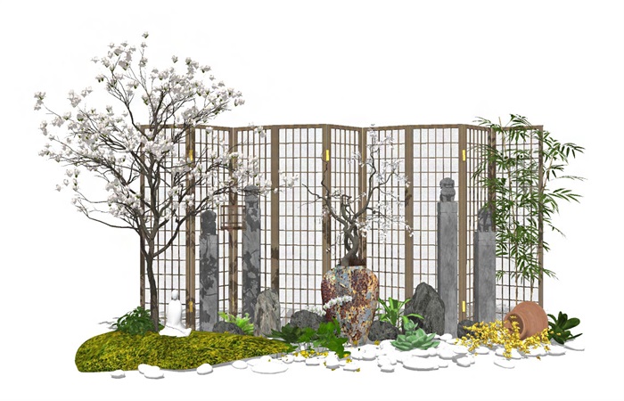 新中式景观小品 庭院景观 隔断屏风 植物 陶罐组合su模型(1)