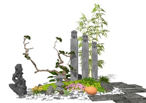 新中式庭院景观 景观小品 假山石头 陶罐 竹子组合SU(草图大师)模型