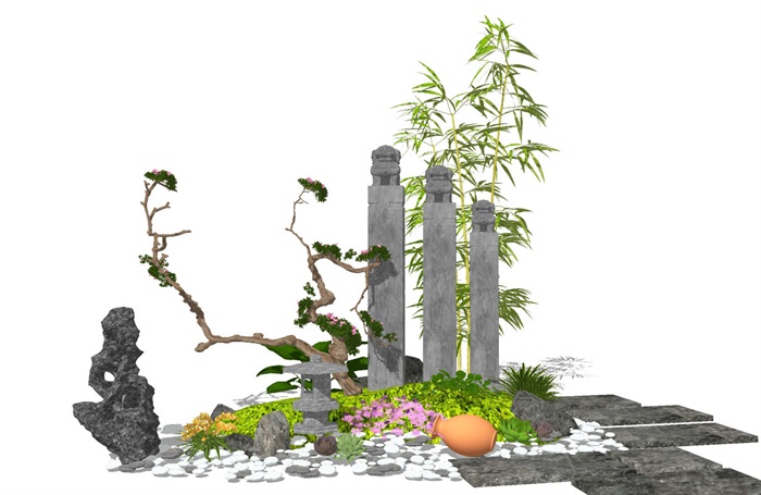 新中式庭院景观 景观小品 假山石头 陶罐 竹子组合(2)