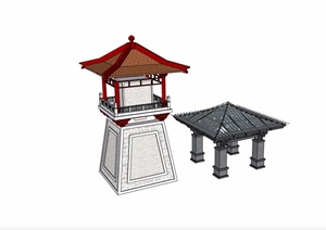 古典中式风格详细的两个亭子素材设计SU(草图大师)模型