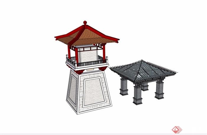 古典中式风格详细的两个亭子素材设计su模型