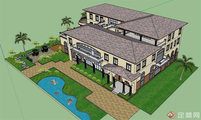 美式风格详细多层别墅住宅建筑设计su模型