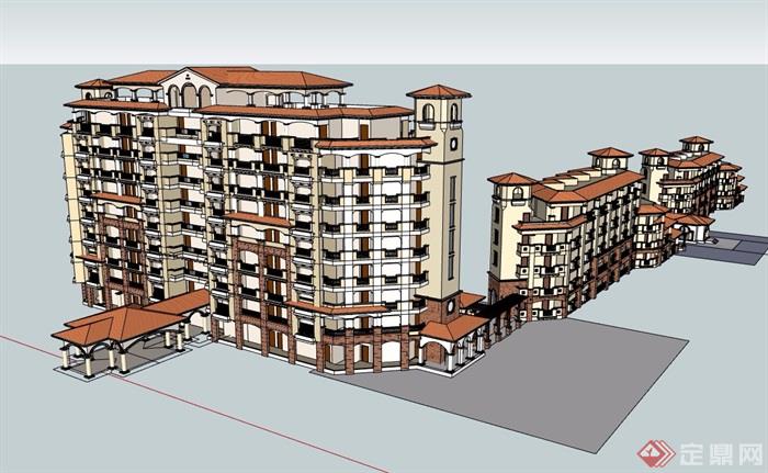 某欧式风格详细的多层度假酒店完整设计su模型