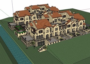 欧式风格详细的经典完整小区住宅别墅技术SU(草图大师)模型