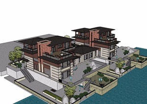 新古典风格详细的双拼住宅别墅SU(草图大师)模型