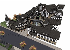欧式风格详细的小镇商业多层建筑SU(草图大师)模型