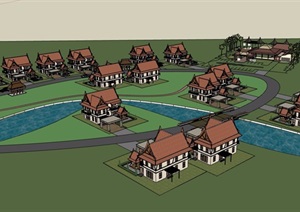东南亚风格详细的别墅多栋建筑SU(草图大师)模型