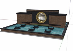 中式风格详细的完整水池景墙素材设计SU(草图大师)模型