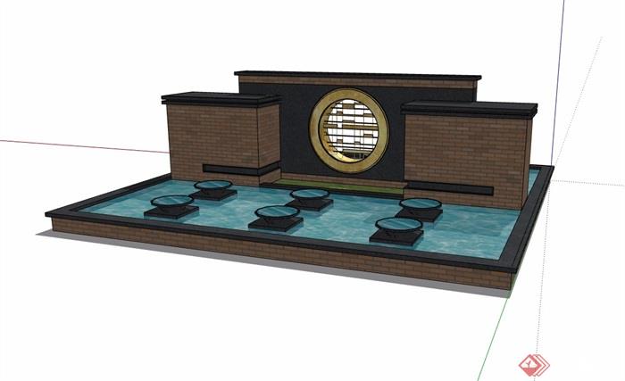 中式风格详细的完整水池景墙素材设计su模型