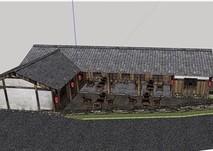 中式风格详细的单层茶楼建筑设计SU(草图大师)模型