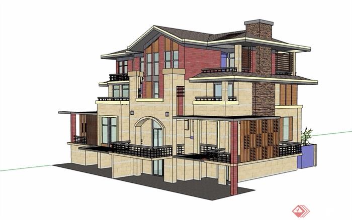 三层详细的英式风格完整别墅设计su模型