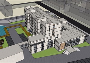现代风格详细的完整多层医院建筑楼SU(草图大师)模型