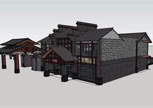中式风格详细的完整多层餐饮建筑SU(草图大师)模型