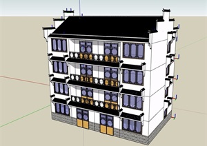 四层中式民居住宅楼设计SU(草图大师)模型