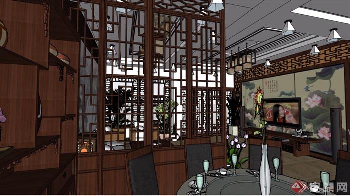 中式风格详细的室内客餐厅装饰设计su模型