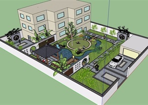 中式详细的完整庭院景观素材设计SU(草图大师)模型
