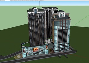 中式风格详细的完整商业住宅楼设计SU(草图大师)模型
