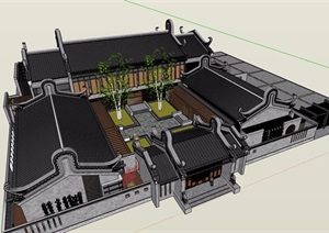 古典中式风格详细的四合院住宅建筑SU(草图大师)模型