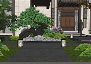 新中式别墅庭院景观设计SU(草图大师)模型4