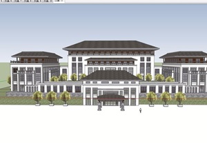 中式风格详细的多层政府机关办公建筑楼设计SU(草图大师)模型