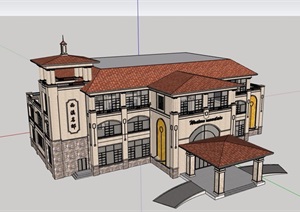 三层详细的欧式风格酒店建筑设计SU(草图大师)模型