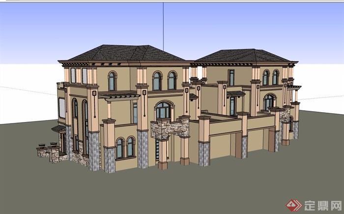 欧式风格详细的三层双拼别墅设计su模型