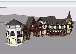 某欧式风格详细的小镇街边商业楼设计SU(草图大师)模型