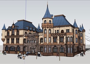 欧式风格详细的经典三层办公楼建筑SU(草图大师)模型