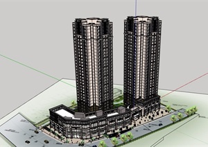 新古典风格详细的商业住宅高层建筑SU(草图大师)模型