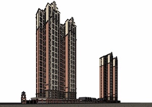 新古典风格详细的高层商业住宅楼SU(草图大师)模型