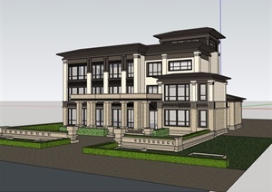 新古典风格详细的完整三层住宅别墅SU(草图大师)模型