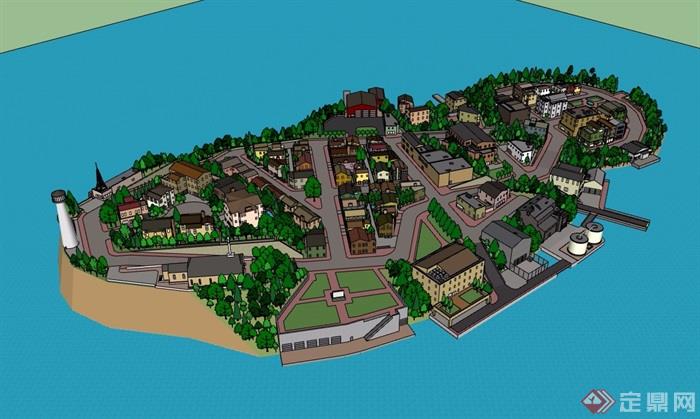 欧式风格岛屿小镇综合建筑楼设计su模型
