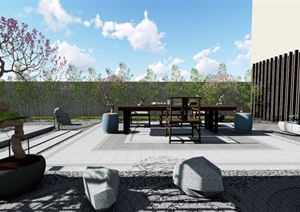 新中式别墅庭院景观设计SU(草图大师)模型2