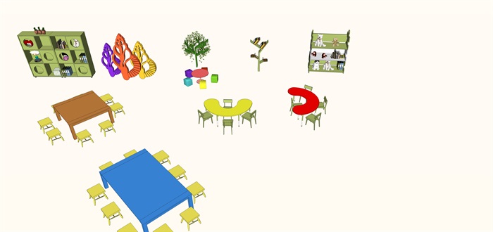 幼儿园教室内各类摆件桌椅书架装饰品等su模型(5)