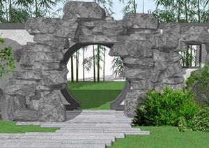 石头拱门中式门洞景观SU(草图大师)模型