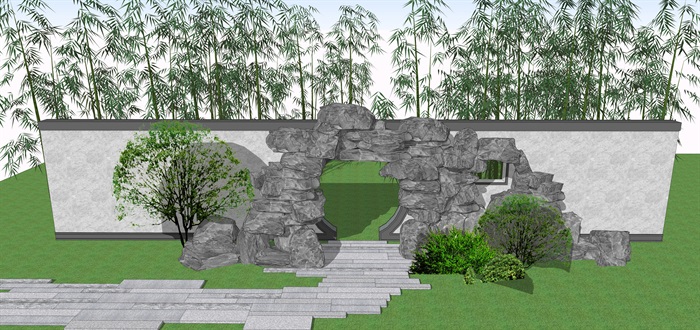 石头拱门中式门洞景观su模型(4)