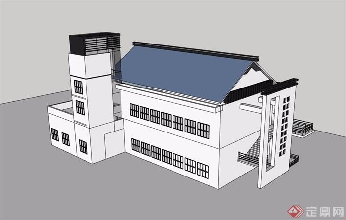 中式风格详细的多层办公楼建筑设计su模型