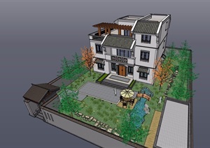 中式风格详细的完整多层私人别墅设计SU(草图大师)模型及庭院