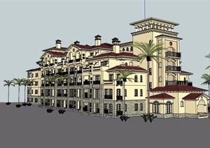 西班牙风格详细的多层居住楼建筑SU(草图大师)模型